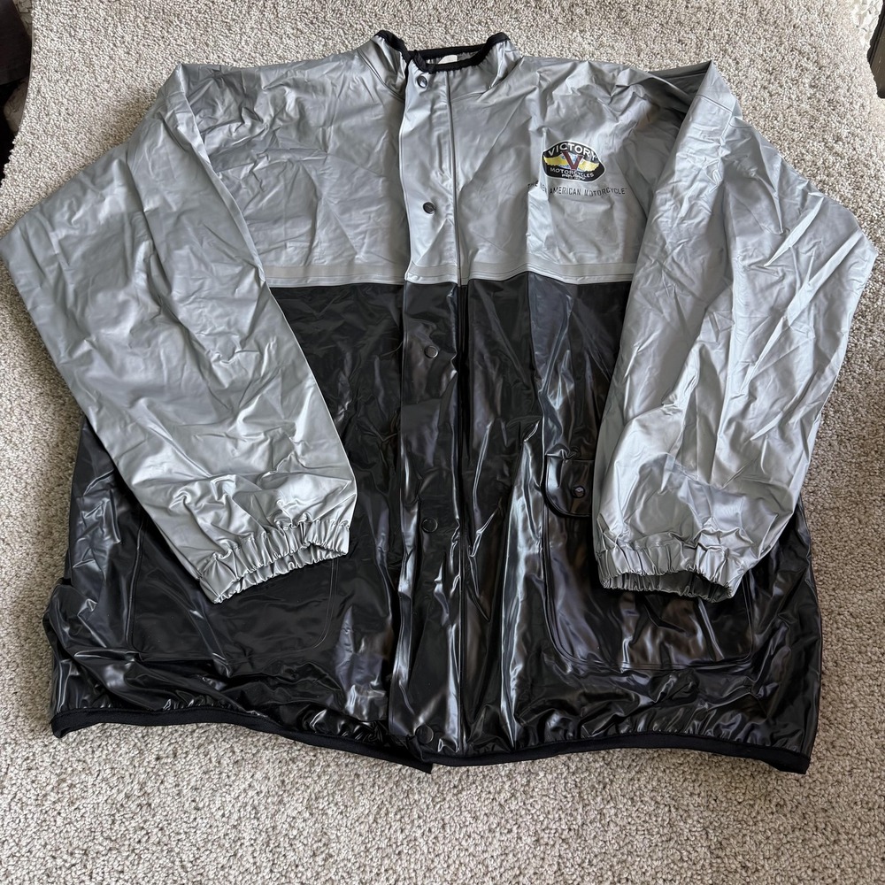 Victory Motorcycles Jacket Mens 2XL Gray PVC Rain Coat Waterproof Biker Logo
